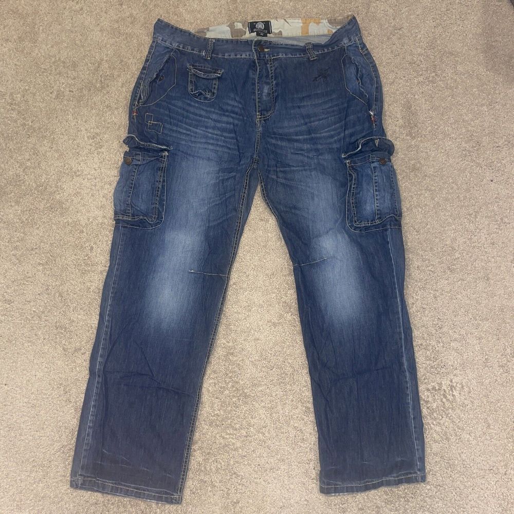 Born Fly Dark Blue W/ Fade Denim Cargo Jeans Streetwear Size 42